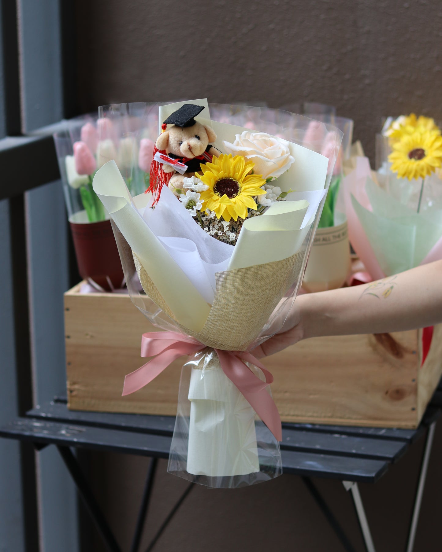 Mini Grad Bear | Soap Flowers Bouquet