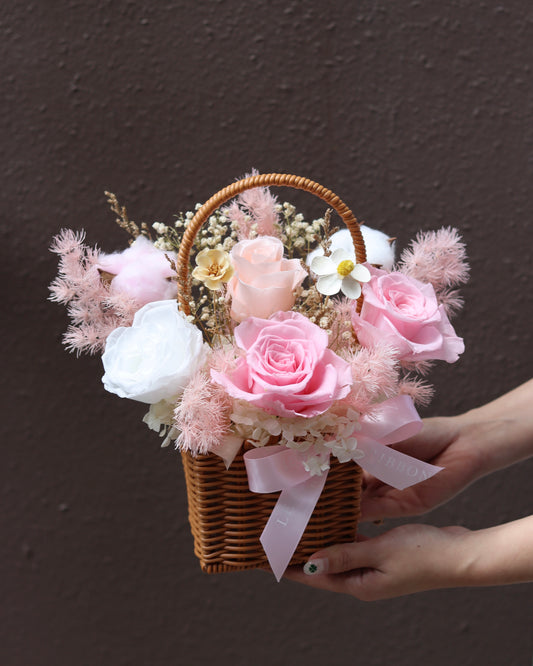 Vday Pink Basket | Preserved Flowers