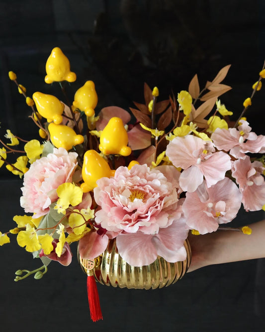 Fortune's Yellow | Low Vase Faux Flowers Arrangement