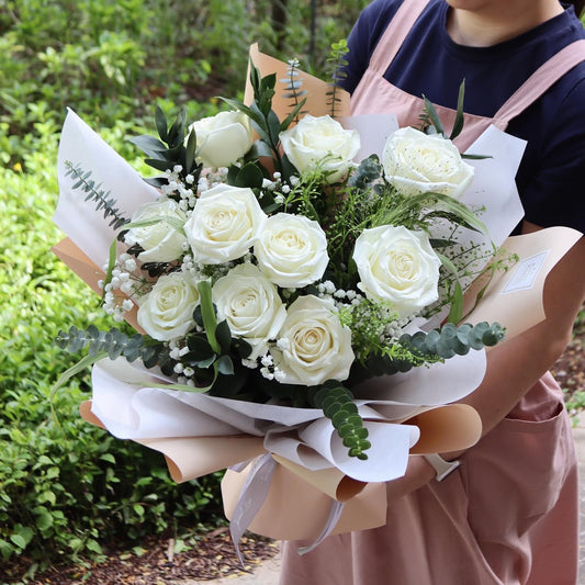 White Premium Rose Bouquet (5 Roses, 10 Roses, 20 Roses)